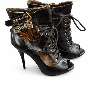 Frederick’s of Hollywood Black Patent Lace-Up Peep Toe Stiletto Booties Heels 9